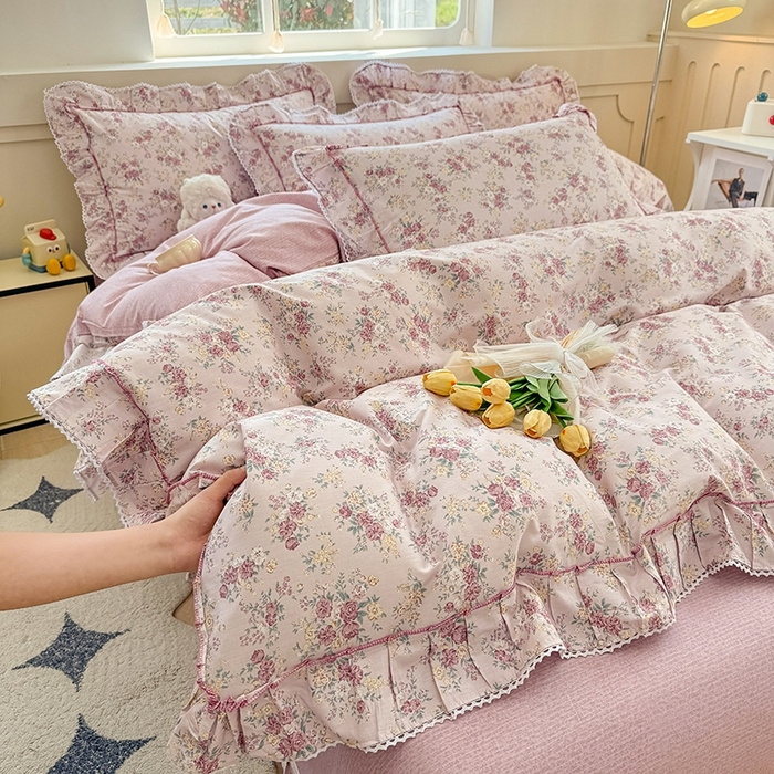 91家纺网 家纺一手货源 找家纺 缦彩家纺  2025新款韩版全棉公主风床单四件套 缤纷绮梦