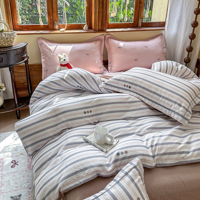 91家纺网 家纺一手货源 找家纺 喜四方 2025新款全棉A类母婴级抗菌全棉双层纱四件套 初见-灰