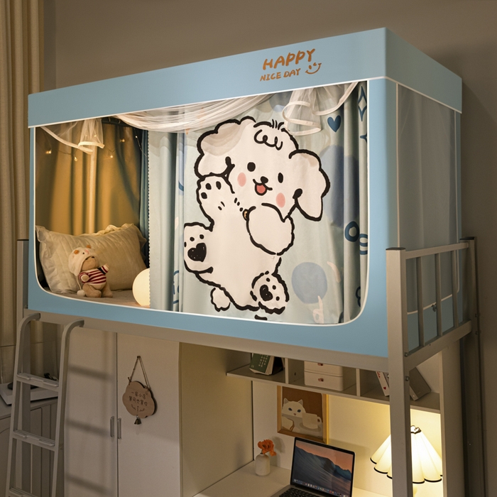 91家纺网 家纺一手货源 找家纺 觅妮家纺 2025新款99%强遮光涂银涂层大版数码印花宿舍学生床帘蚊帐 微笑狗狗