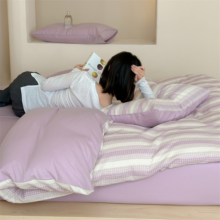 91家纺网 家纺一手货源 找家纺 小春日和 高端华夫格纯棉四件套高档民宿全棉四件套多巴胺纯棉被套人字纹纯色加大床单1.8纯色棉床笠 云牧-紫