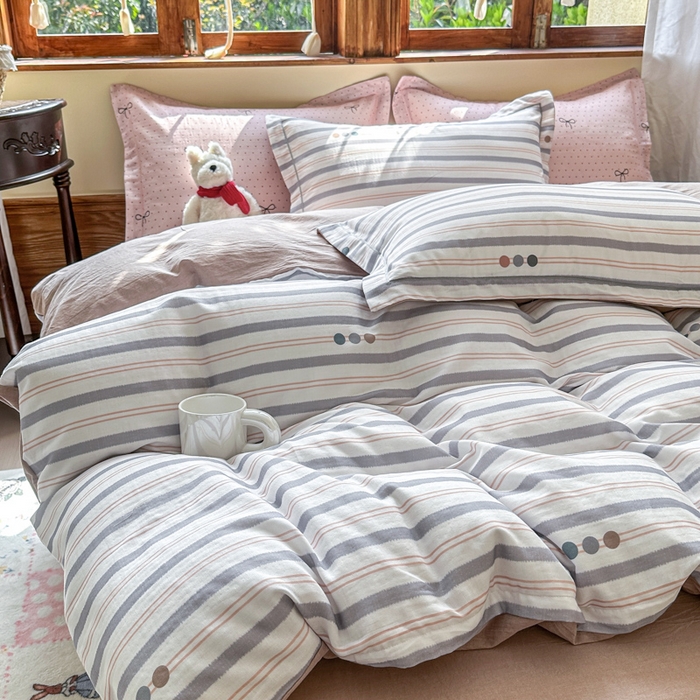 91家纺网 家纺一手货源 找家纺 喜四方 2025新款全棉A类母婴级抗菌全棉双层纱四件套 初见-灰