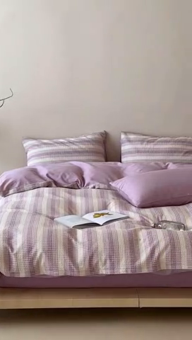 91家纺网 家纺一手货源 找家纺 小春日和 高端华夫格纯棉四件套高档民宿全棉四件套多巴胺纯棉被套人字纹纯色加大床单1.8纯色棉床笠 云牧-紫
