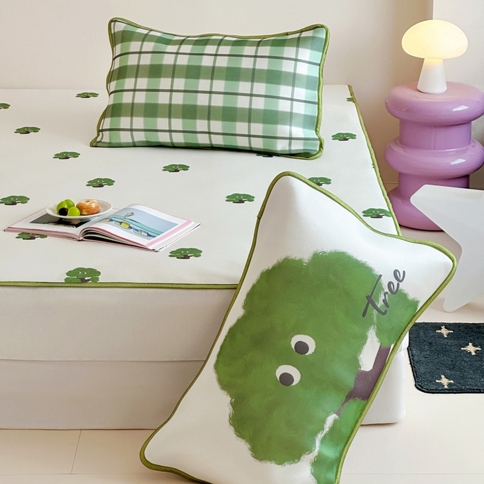 91家纺网 家纺一手货源 找家纺 如一2025A类ins大版数码卡通印花冰丝凉感席 绿森林-床笠-床笠