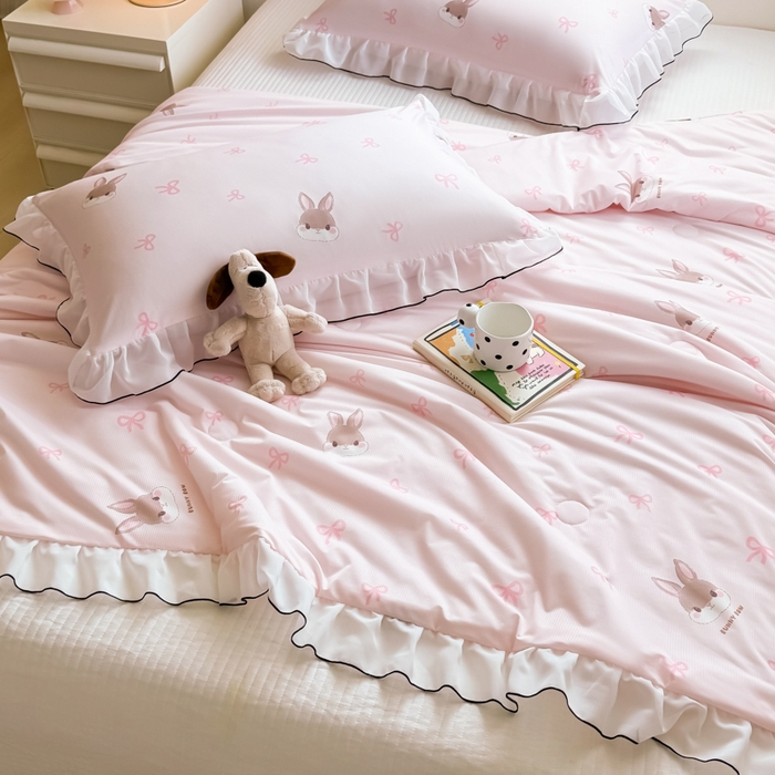 91家纺网 家纺一手货源 找家纺 九花鹿 2025新款凉感提花夏被 蝴蝶结小兔(粉）