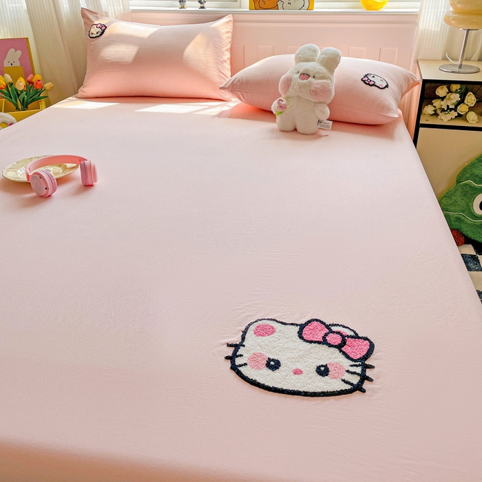 91家纺网 家纺一手货源 找家纺 海岛哥哥 2025春夏新款卡通毛巾绣床笠 粉红小喵-粉