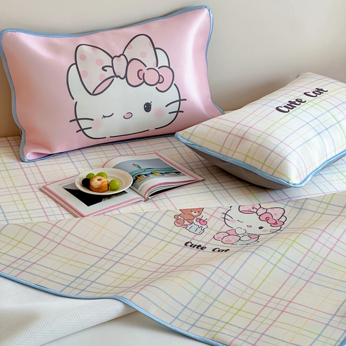 91家纺网 家纺一手货源 找家纺 如一2025A类ins大版数码卡通印花冰丝凉感席 领结猫-床笠