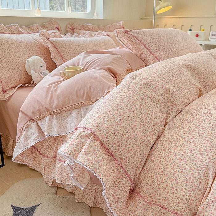 91家纺网 家纺一手货源 找家纺 缦彩家纺  2025新款韩版全棉公主风床单四件套 美娜