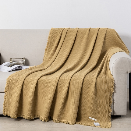 皇寝世家家居 2025新款A类全棉针织四层纱苏流毯子沙发盖毯 午睡复古毛毯 静谧-焦糖
