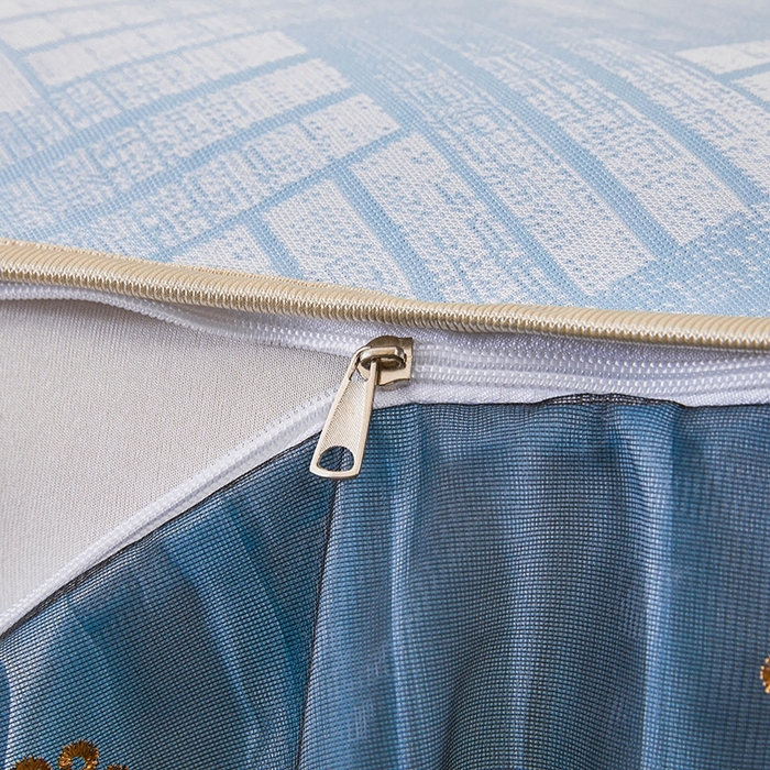 91家纺网 家纺一手货源 找家纺 情恒家纺   2025新款提花PE海洋丝可脱卸床裙席三件套 城市剪影 清新蓝