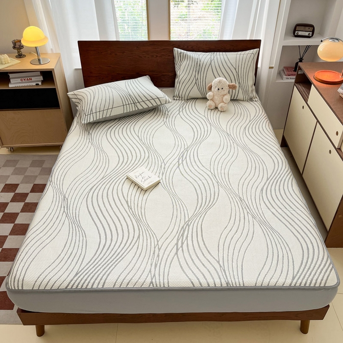 91家纺网 家纺一手货源 找家纺 雅居纺家纺 2025新款A类加厚三明治底简约提花凉感席系列-床笠款 曲线-灰