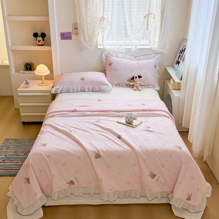 91家纺网 家纺一手货源 找家纺 九花鹿 2025新款凉感提花夏被 蝴蝶结小兔(粉）