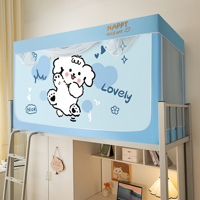 91家纺网 家纺一手货源 找家纺 觅妮家纺 2025新款99%强遮光涂银涂层大版数码印花宿舍学生床帘蚊帐 微笑狗狗