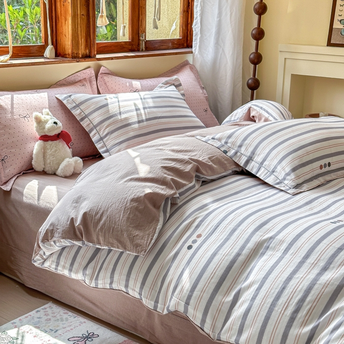 91家纺网 家纺一手货源 找家纺 喜四方 2025新款全棉A类母婴级抗菌全棉双层纱四件套 初见-灰