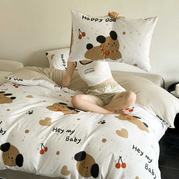 91家纺网 家纺一手货源 找家纺 澳梵家居 2025新款全棉印花四件套 乖乖狗