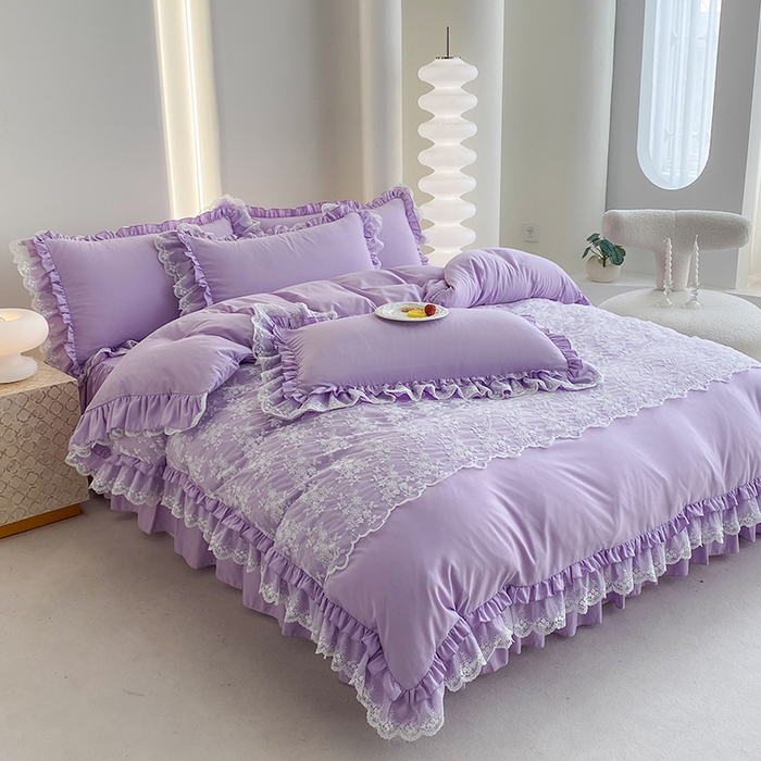 91家纺网 家纺一手货源 找家纺 乐卧家居 2026新款静奢老钱风精致蕾丝时尚花边繁花-奢华版系列四件套 繁花-奢华版紫色