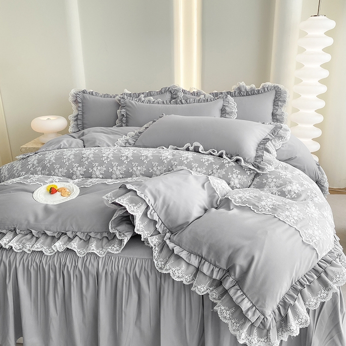 91家纺网 家纺一手货源 找家纺 乐卧家居 2026新款静奢老钱风精致蕾丝时尚花边繁花-奢华版系列四件套 繁花-奢华版灰色
