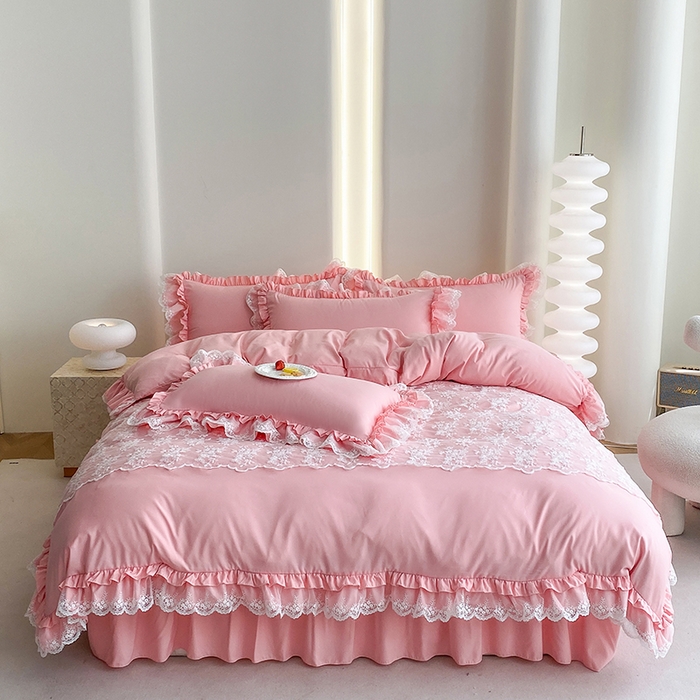 91家纺网 家纺一手货源 找家纺 乐卧家居 2026新款静奢老钱风精致蕾丝时尚花边繁花-奢华版系列四件套 繁花-奢华版粉色