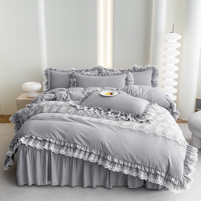 91家纺网 家纺一手货源 找家纺 乐卧家居 2026新款静奢老钱风精致蕾丝时尚花边繁花-奢华版系列四件套 繁花-奢华版灰色