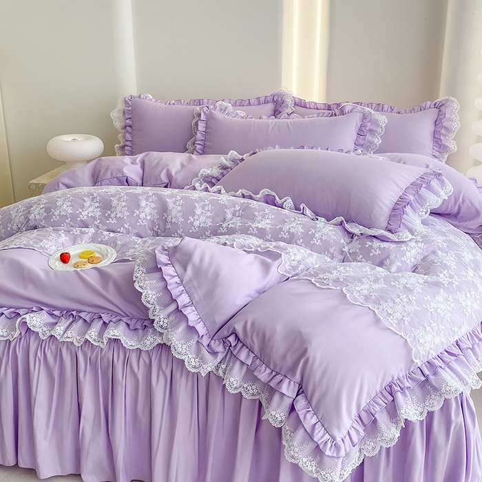 91家纺网 家纺一手货源 找家纺 乐卧家居 2026新款静奢老钱风精致蕾丝时尚花边繁花-奢华版系列四件套 繁花-奢华版紫色