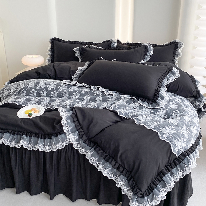91家纺网 家纺一手货源 找家纺 乐卧家居 2026新款静奢老钱风精致蕾丝时尚花边繁花-奢华版系列四件套 繁花-奢华版黑色