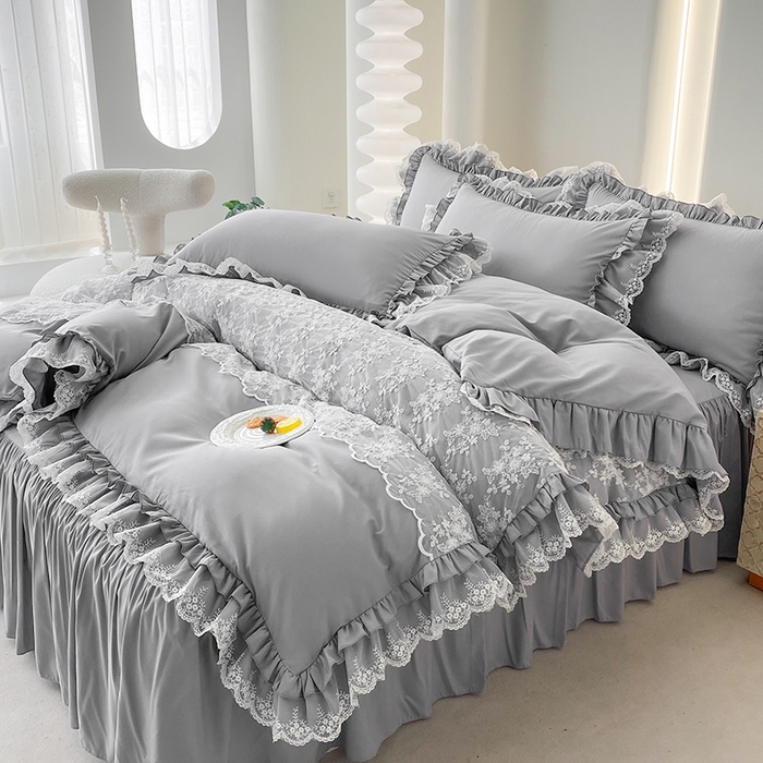 91家纺网 家纺一手货源 找家纺 乐卧家居 2026新款静奢老钱风精致蕾丝时尚花边繁花-奢华版系列四件套 繁花-奢华版灰色