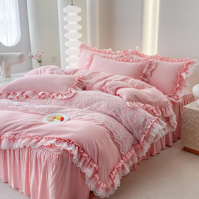 91家纺网 家纺一手货源 找家纺 乐卧家居 2026新款静奢老钱风精致蕾丝时尚花边繁花-奢华版系列四件套 繁花-奢华版粉色