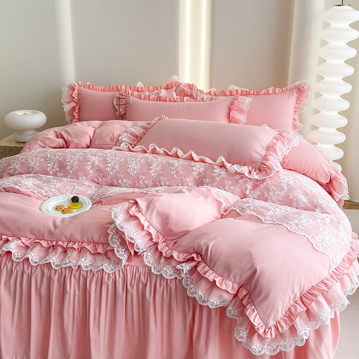 91家纺网 家纺一手货源 找家纺 乐卧家居 2026新款静奢老钱风精致蕾丝时尚花边繁花-奢华版系列四件套 繁花-奢华版粉色