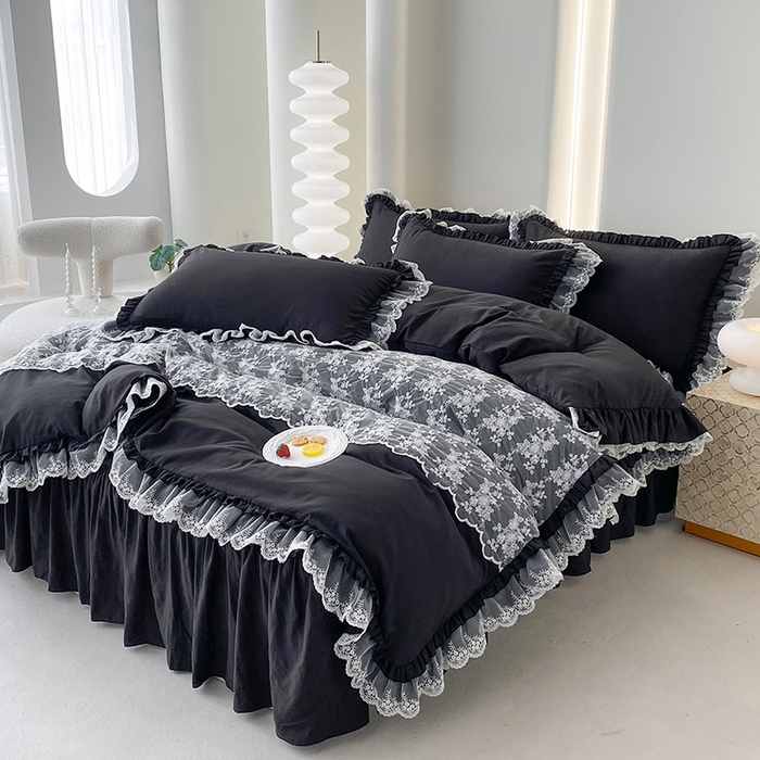 91家纺网 家纺一手货源 找家纺 乐卧家居 2026新款静奢老钱风精致蕾丝时尚花边繁花-奢华版系列四件套 繁花-奢华版黑色