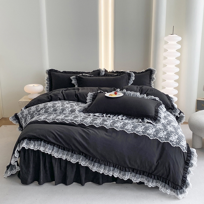 91家纺网 家纺一手货源 找家纺 乐卧家居 2026新款静奢老钱风精致蕾丝时尚花边繁花-奢华版系列四件套 繁花-奢华版黑色