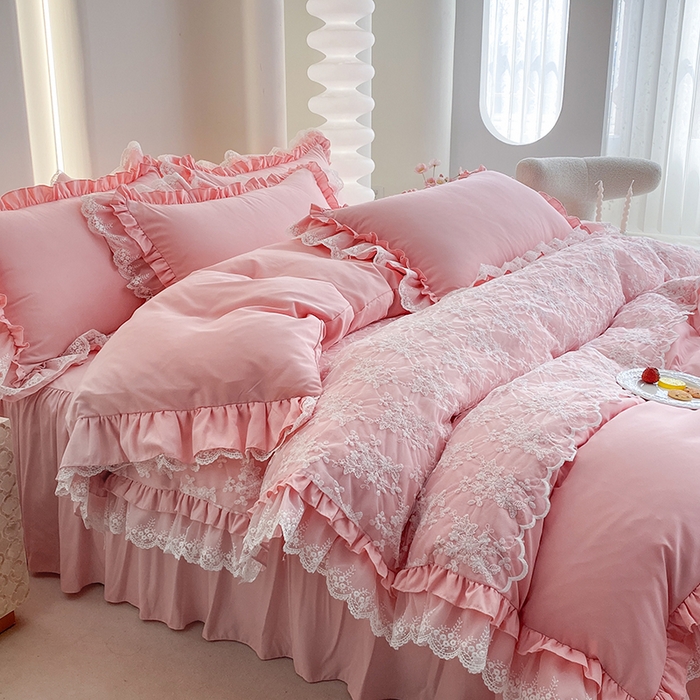 91家纺网 家纺一手货源 找家纺 乐卧家居 2026新款静奢老钱风精致蕾丝时尚花边繁花-奢华版系列四件套 繁花-奢华版粉色