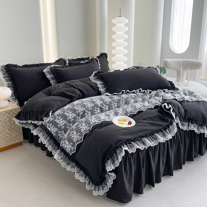 91家纺网 家纺一手货源 找家纺 乐卧家居 2026新款静奢老钱风精致蕾丝时尚花边繁花-奢华版系列四件套 繁花-奢华版黑色