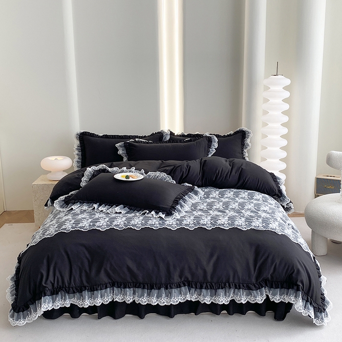 91家纺网 家纺一手货源 找家纺 乐卧家居 2026新款静奢老钱风精致蕾丝时尚花边繁花-奢华版系列四件套 繁花-奢华版黑色