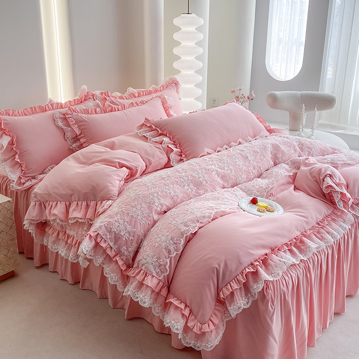 91家纺网 家纺一手货源 找家纺 乐卧家居 2026新款静奢老钱风精致蕾丝时尚花边繁花-奢华版系列四件套 繁花-奢华版粉色