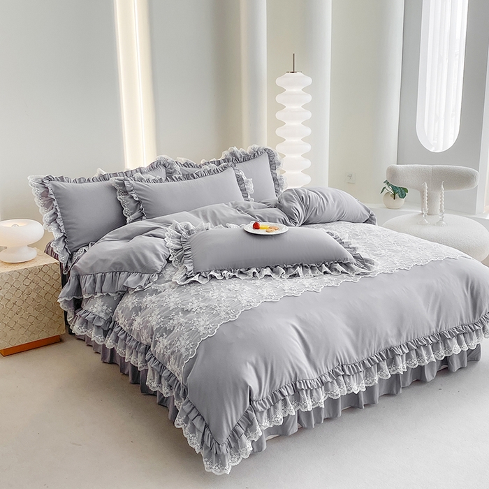 91家纺网 家纺一手货源 找家纺 乐卧家居 2026新款静奢老钱风精致蕾丝时尚花边繁花-奢华版系列四件套 繁花-奢华版灰色