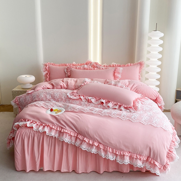 91家纺网 家纺一手货源 找家纺 乐卧家居 2026新款静奢老钱风精致蕾丝时尚花边繁花-奢华版系列四件套 繁花-奢华版粉色