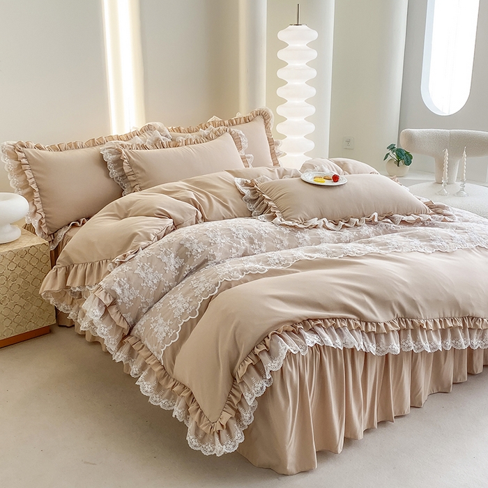 91家纺网 家纺一手货源 找家纺 乐卧家居 2026新款静奢老钱风精致蕾丝时尚花边繁花-奢华版系列四件套 繁花-奢华版咖色