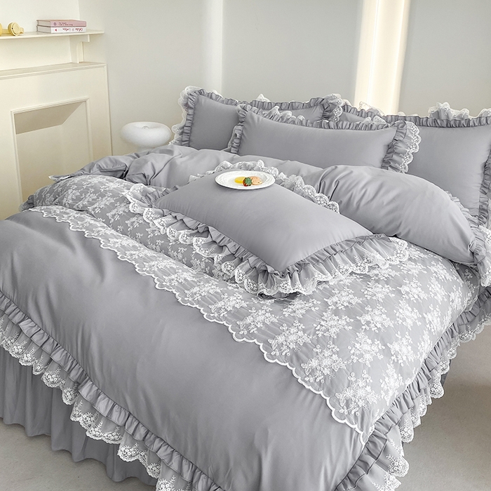 91家纺网 家纺一手货源 找家纺 乐卧家居 2026新款静奢老钱风精致蕾丝时尚花边繁花-奢华版系列四件套 繁花-奢华版灰色