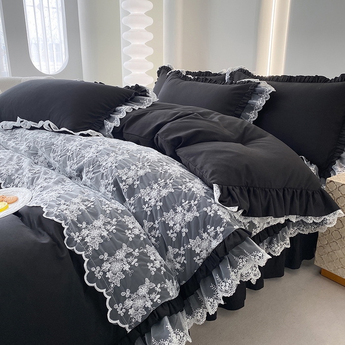 91家纺网 家纺一手货源 找家纺 乐卧家居 2026新款静奢老钱风精致蕾丝时尚花边繁花-奢华版系列四件套 繁花-奢华版黑色