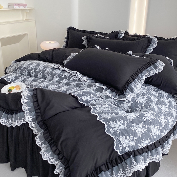 91家纺网 家纺一手货源 找家纺 乐卧家居 2026新款静奢老钱风精致蕾丝时尚花边繁花-奢华版系列四件套 繁花-奢华版黑色