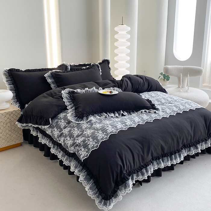 91家纺网 家纺一手货源 找家纺 乐卧家居 2026新款静奢老钱风精致蕾丝时尚花边繁花-奢华版系列四件套 繁花-奢华版黑色