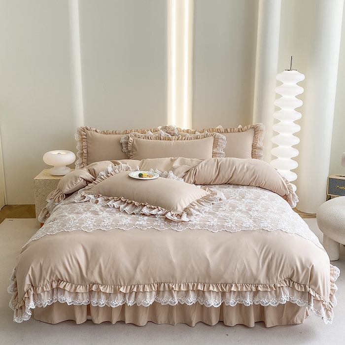 91家纺网 家纺一手货源 找家纺 乐卧家居 2026新款静奢老钱风精致蕾丝时尚花边繁花-奢华版系列四件套 繁花-奢华版咖色