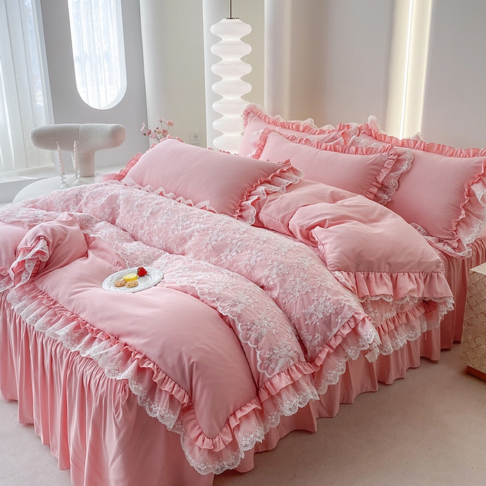 91家纺网 家纺一手货源 找家纺 乐卧家居 2026新款静奢老钱风精致蕾丝时尚花边繁花-奢华版系列四件套 繁花-奢华版粉色