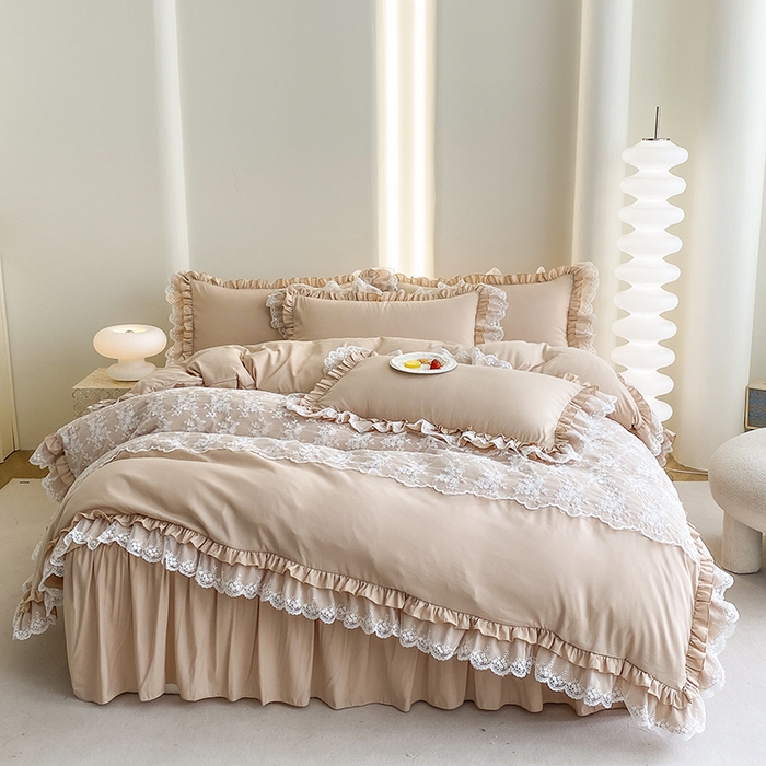 91家纺网 家纺一手货源 找家纺 乐卧家居 2026新款静奢老钱风精致蕾丝时尚花边繁花-奢华版系列四件套 繁花-奢华版咖色