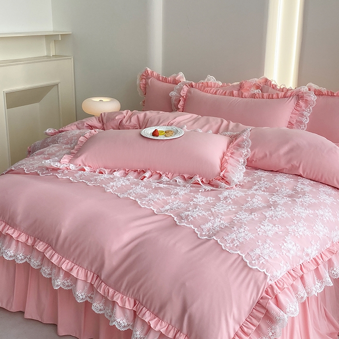 91家纺网 家纺一手货源 找家纺 乐卧家居 2026新款静奢老钱风精致蕾丝时尚花边繁花-奢华版系列四件套 繁花-奢华版粉色