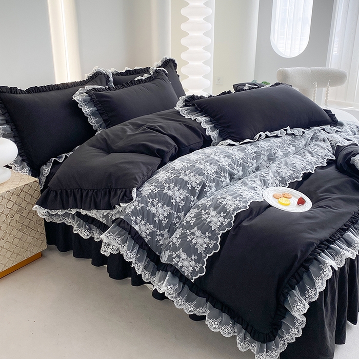 91家纺网 家纺一手货源 找家纺 乐卧家居 2026新款静奢老钱风精致蕾丝时尚花边繁花-奢华版系列四件套 繁花-奢华版黑色