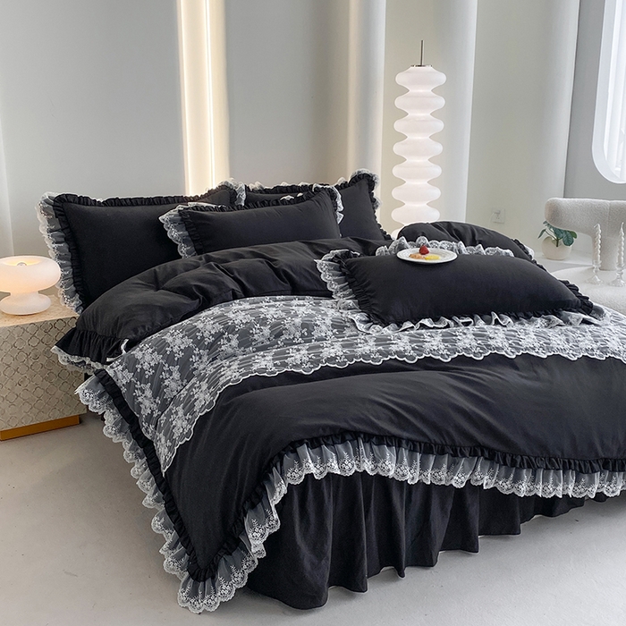 91家纺网 家纺一手货源 找家纺 乐卧家居 2026新款静奢老钱风精致蕾丝时尚花边繁花-奢华版系列四件套 繁花-奢华版黑色