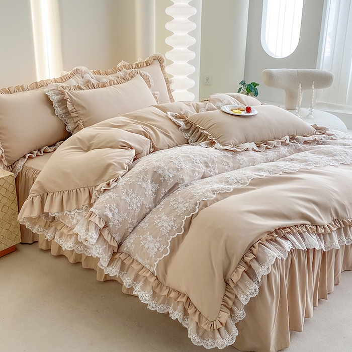 91家纺网 家纺一手货源 找家纺 乐卧家居 2026新款静奢老钱风精致蕾丝时尚花边繁花-奢华版系列四件套 繁花-奢华版咖色