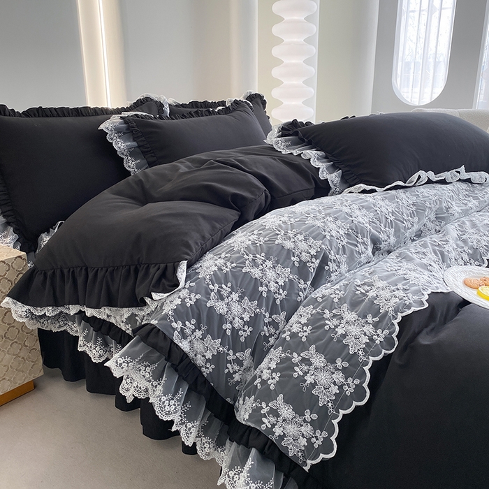 91家纺网 家纺一手货源 找家纺 乐卧家居 2026新款静奢老钱风精致蕾丝时尚花边繁花-奢华版系列四件套 繁花-奢华版黑色