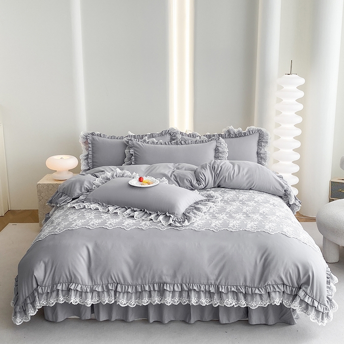 91家纺网 家纺一手货源 找家纺 乐卧家居 2026新款静奢老钱风精致蕾丝时尚花边繁花-奢华版系列四件套 繁花-奢华版灰色