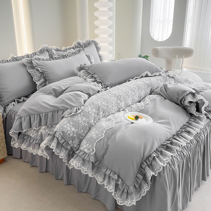 91家纺网 家纺一手货源 找家纺 乐卧家居 2026新款静奢老钱风精致蕾丝时尚花边繁花-奢华版系列四件套 繁花-奢华版灰色